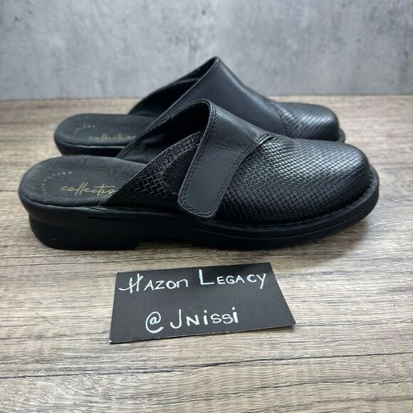 Clarks~Women's~”Patty Tayna”~Black Leather Textured Vamp Mules~Size 7 - Picture 2 of 9